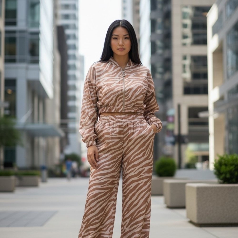 MADE IN ITALY - 2 Piece Set Satin Zebra-Print Wide Leg Pants